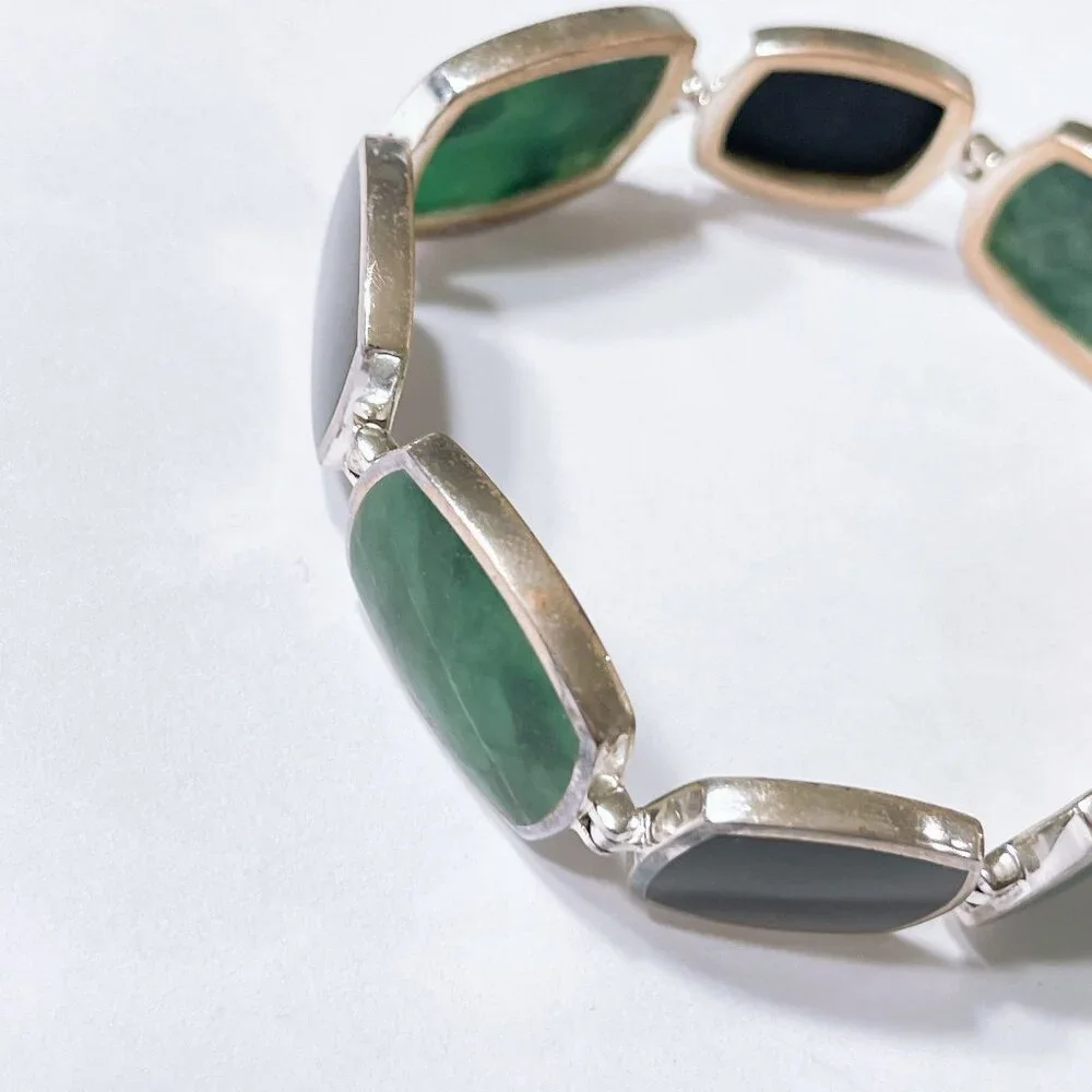 Sterling Silver Green & Black Stone Link Bracelet - Picture 2 of 9